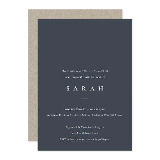 Simple Script Navy Black Quinceañera  Invite