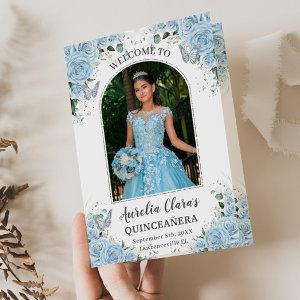 Sky Blue Floral Silver Quinceañera Order of Events Program