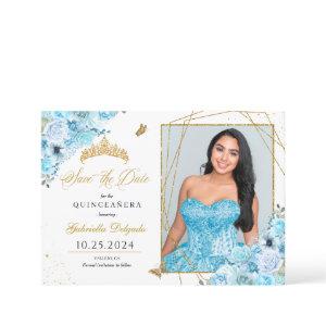 Sky Blue & Gold Quinceañera Save The Date Photo