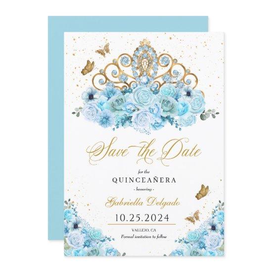 Sky Blue & Gold Tiara Save The Date Quinceañera