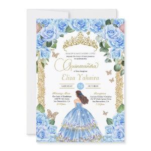 Sky Blue Rose Floral Gold Butterfly Quinceanera
