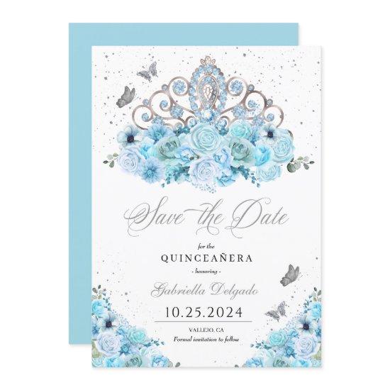 Sky Blue & Silver Tiara Save The Date Quinceañera