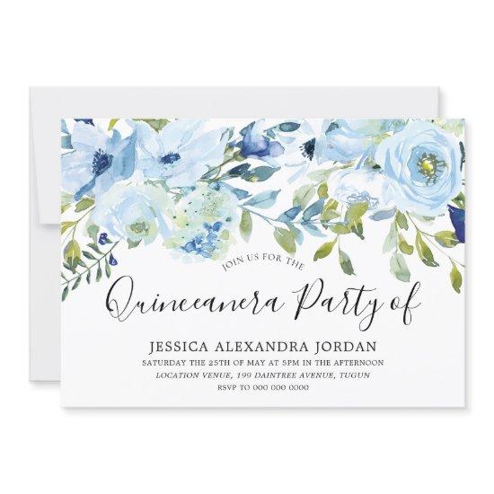 Sky Blue Watercolor Flowers Quinceanera Party