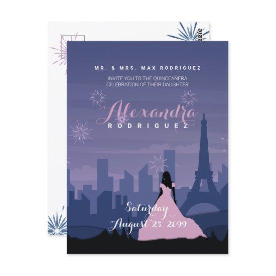 Slate Blue & Pink Paris Fireworks Quinceañera Postcard