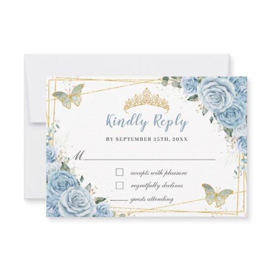 Soft Baby Blue Floral Gold Quinceañera Butterflies RSVP Card