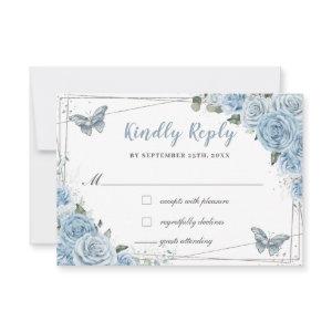 Soft Baby Blue Floral Roses Quinceañera Butterfly RSVP Card