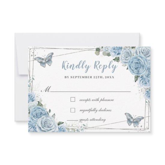 Soft Baby Blue Floral Roses Quinceañera Butterfly RSVP Card