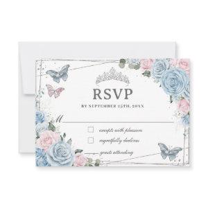 Soft Baby Blue Pink Floral Roses Quinceañera  RSVP Card
