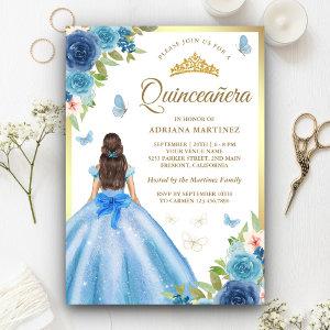 Soft Blue Floral Dress Butterfly Gold Quinceanera