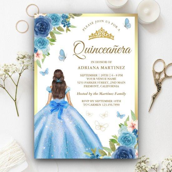 Soft Blue Floral Dress Butterfly Gold Quinceanera
