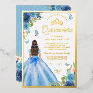Soft Blue Floral Dress Butterfly Quinceanera Gold  Foil
