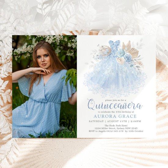 Soft Blue Silver Quinceañera Princess Dress Photo