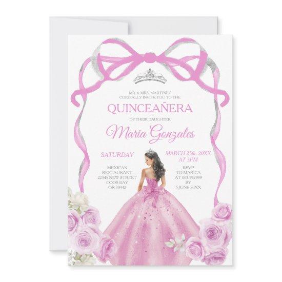 Soft Pink Bow Princess Silver Crown Quinceañera