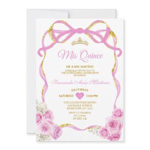 Soft Pink Floral Bow Ribbon Gold Crown Mis Quince