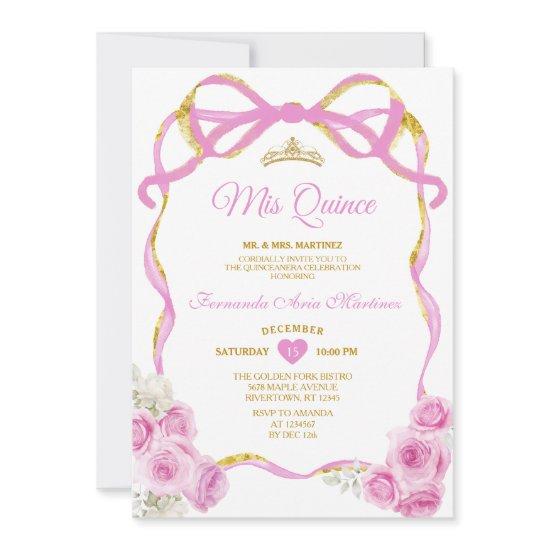 Soft Pink Floral Bow Ribbon Gold Crown Mis Quince