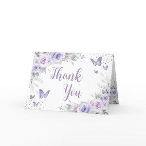 Soft Purple Floral Butterflies Silver Quinceañera Thank You Card