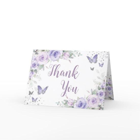 Soft Purple Floral Butterflies Silver Quinceañera Thank You Card