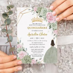 Soft Sage Green Pink Floral Gold Quinceañera