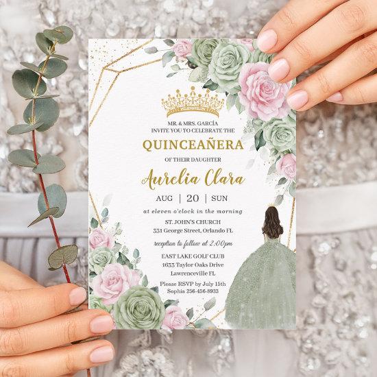 Soft Sage Green Pink Floral Gold Quinceañera