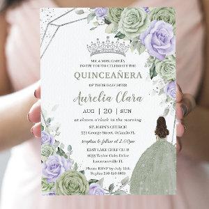 Soft Sage Green Purple Floral Silver Quinceañera