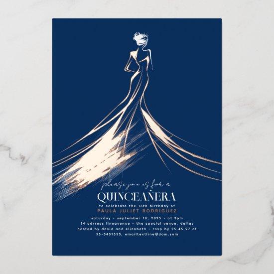Sophisticated Navy Blue & Rose Gold Quinceanera Foil