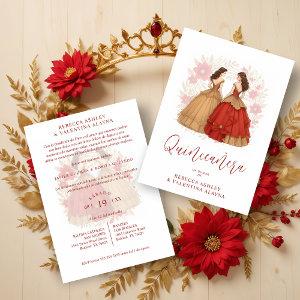 Sophisticated Spanish Red & Gold Quinceañera Twins