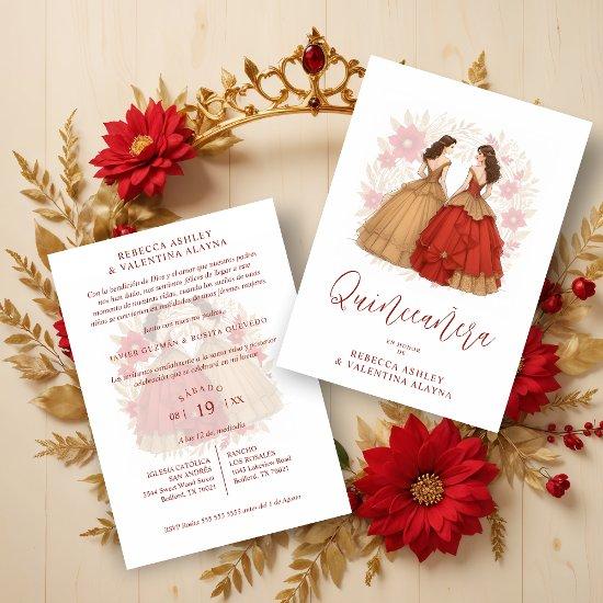 Sophisticated Spanish Red & Gold Quinceañera Twins