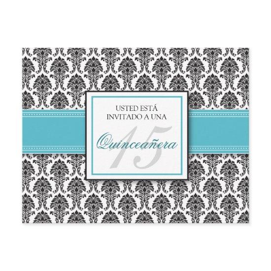 SPANISH Aqua Damask Quinceañera Invitación