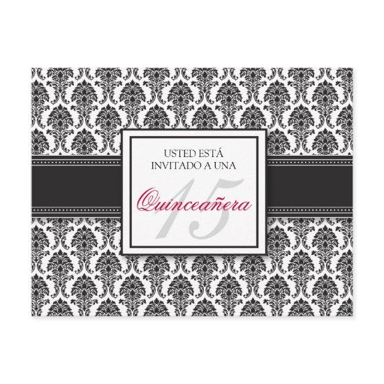 SPANISH Black Damask Quinceañera Formal Invitación