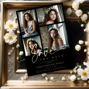 Spanish Black Trendy Quinceañera Collage 4 Photos Foil