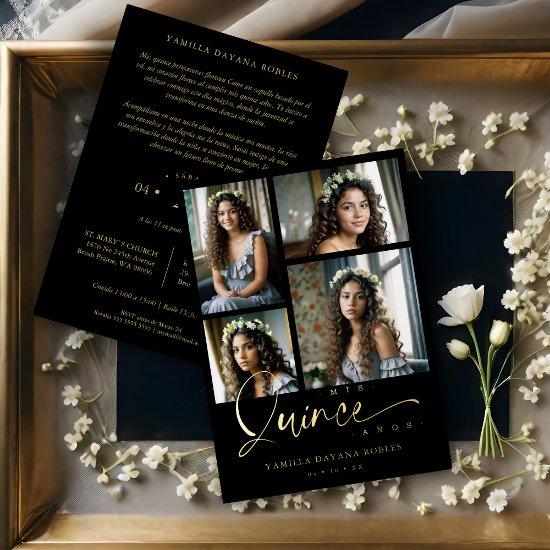 Spanish Black Trendy Quinceañera Collage 4 Photos Foil