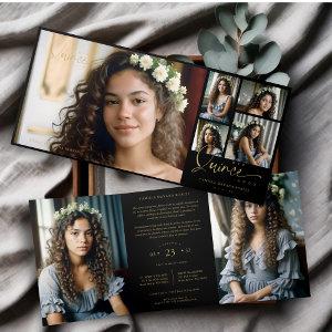 Spanish Black Trendy Quinceañera Collage 7 Photos Tri-Fold