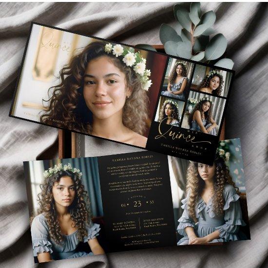 Spanish Black Trendy Quinceañera Collage 7 Photos Tri-Fold