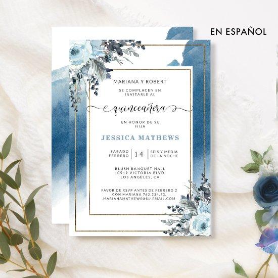 Spanish, Blue Quinceañera Watercolor and Floral