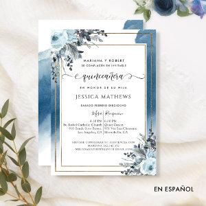 Spanish Blue Quinceañera Watercolor with Floral