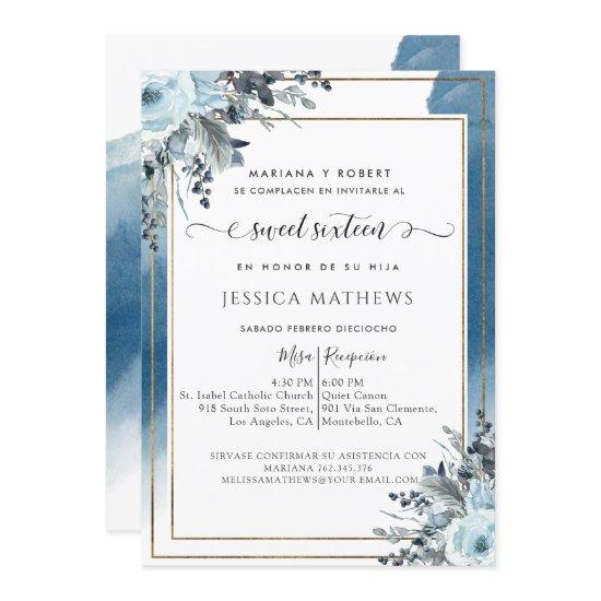 Spanish Blue Sweet Sixteen Watercolor with Floral