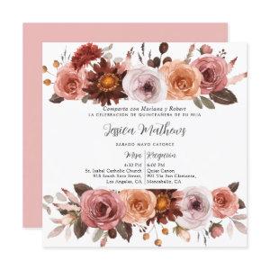 Spanish,Blush Pink and Burgundy Floral Quinceañera