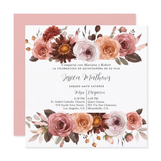 Spanish,Blush Pink and Burgundy Floral Quinceañera
