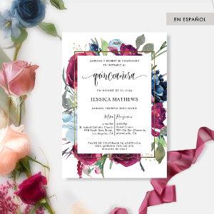 Spanish Burgundy, Blue Floral Quinceañera