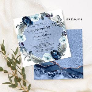 Spanish Chic Blue Flowers Agate Foil Quinceañera