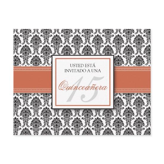 SPANISH Coral Damask Quinceañera Invitación