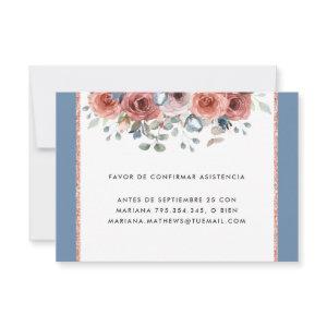 Spanish, Dusty Blue and Blush Floral RSVP Card