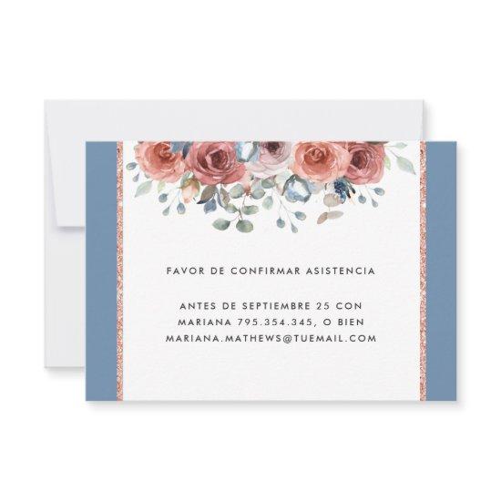 Spanish, Dusty Blue and Blush Floral RSVP Card