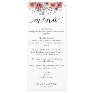 Spanish, Dusty Blue Blissful Floral Wedding Menu