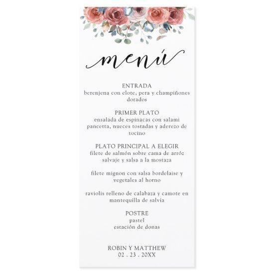 Spanish, Dusty Blue Blissful Floral Wedding Menu