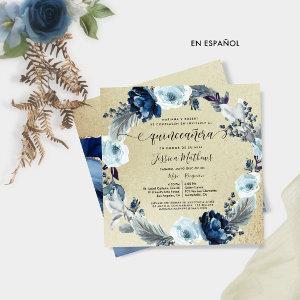 Spanish, Elegant Blue and Gold, Floral Quinceañera
