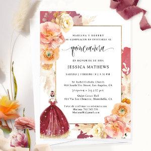 Spanish, Elegant Burgundy Floral Quinceañera