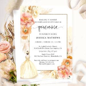 Spanish, Elegant Champagne Floral Quinceañera