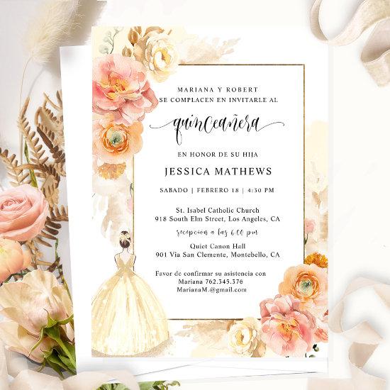 Spanish, Elegant Champagne Floral Quinceañera
