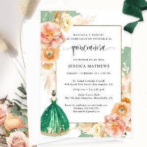 Spanish, Elegant Dark Green Floral Quinceañera